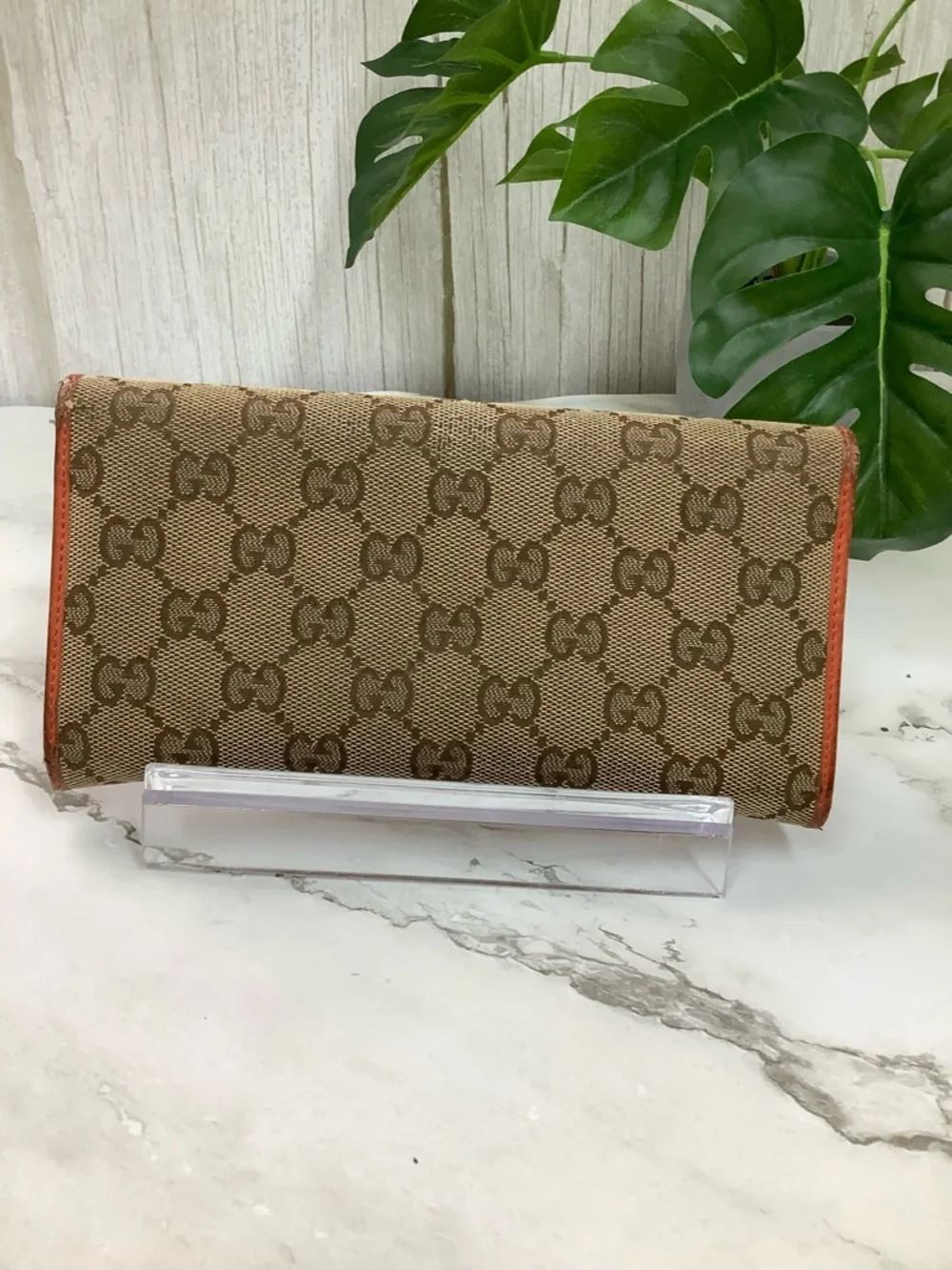 GUC Gucci Brown GG Canvas Wallet with Orange Trim and Gold Plaque - Picture 2 of 15